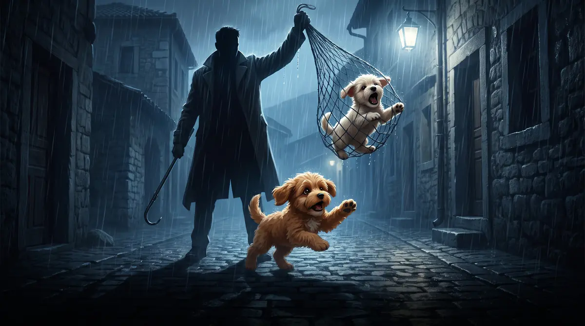 A man in a long coat lifts Leon away in a net at night while Cookie leaps after them