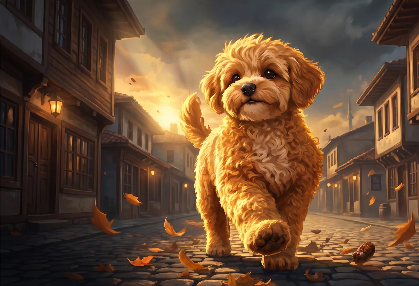Cookie the apricot maltipoo walking toward you down a cobbled Baščaršija street at sunset, lanterns lit and autumn leaves blowing past